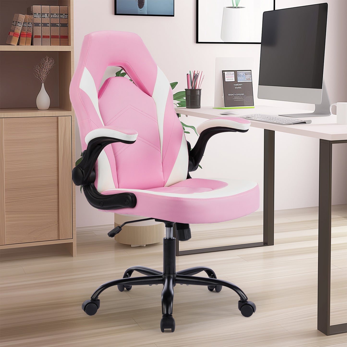 Ergonomic High-Back Computer Gaming Chair for Adults with Flip-Up Armrests and Wheeled Video Gamchair Office Seat