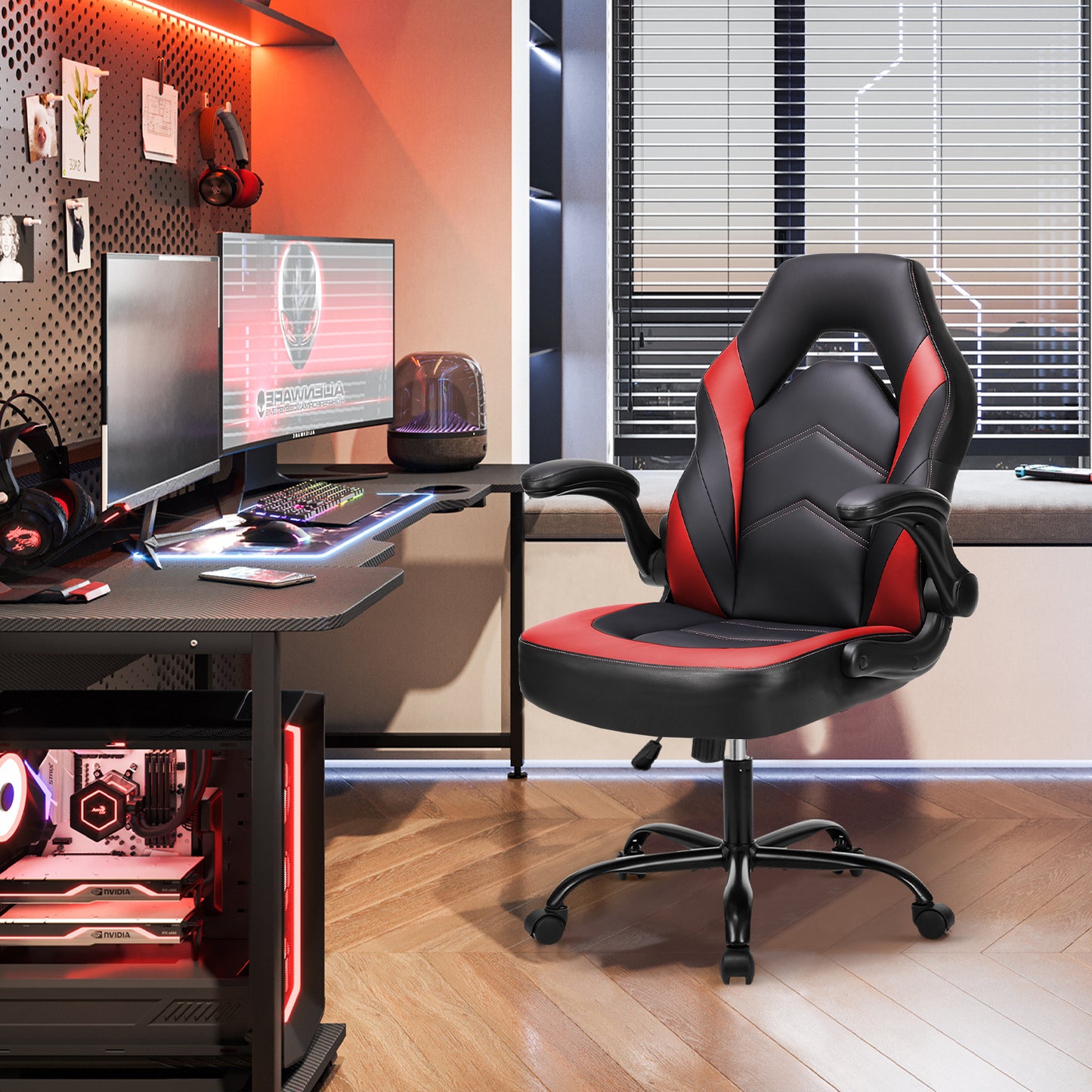 Ergonomic High-Back Computer Gaming Chair for Adults with Flip-Up Armrests and Wheeled Video Gamchair Office Seat