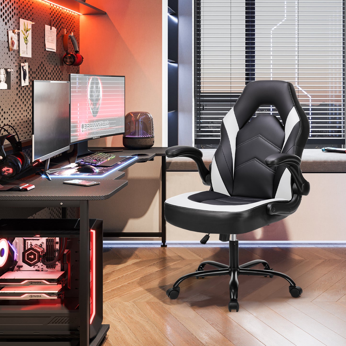 Ergonomic High-Back Computer Gaming Chair for Adults with Flip-Up Armrests and Wheeled Video Gamchair Office Seat