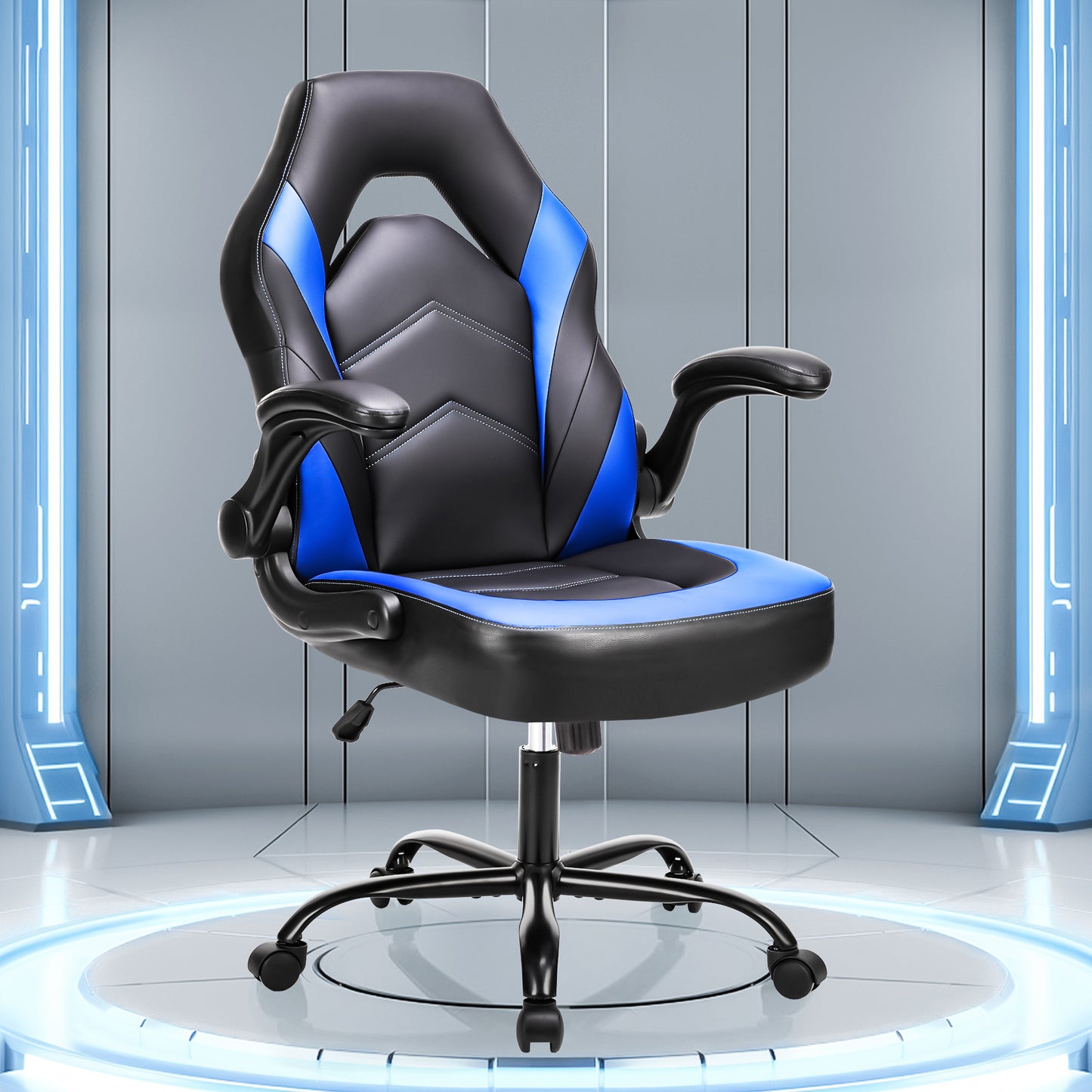 Ergonomic High-Back Computer Gaming Chair for Adults with Flip-Up Armrests and Wheeled Video Gamchair Office Seat