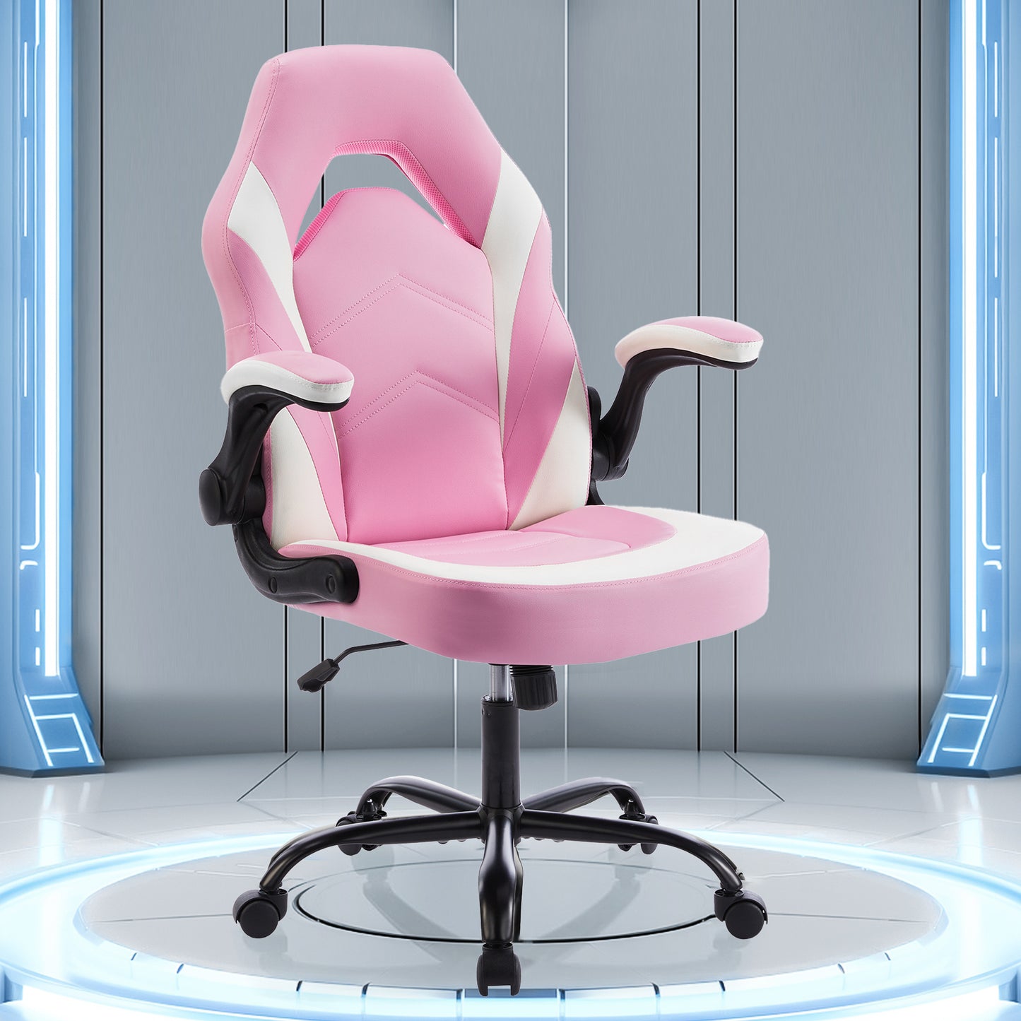 Ergonomic High-Back Computer Gaming Chair for Adults with Flip-Up Armrests and Wheeled Video Gamchair Office Seat