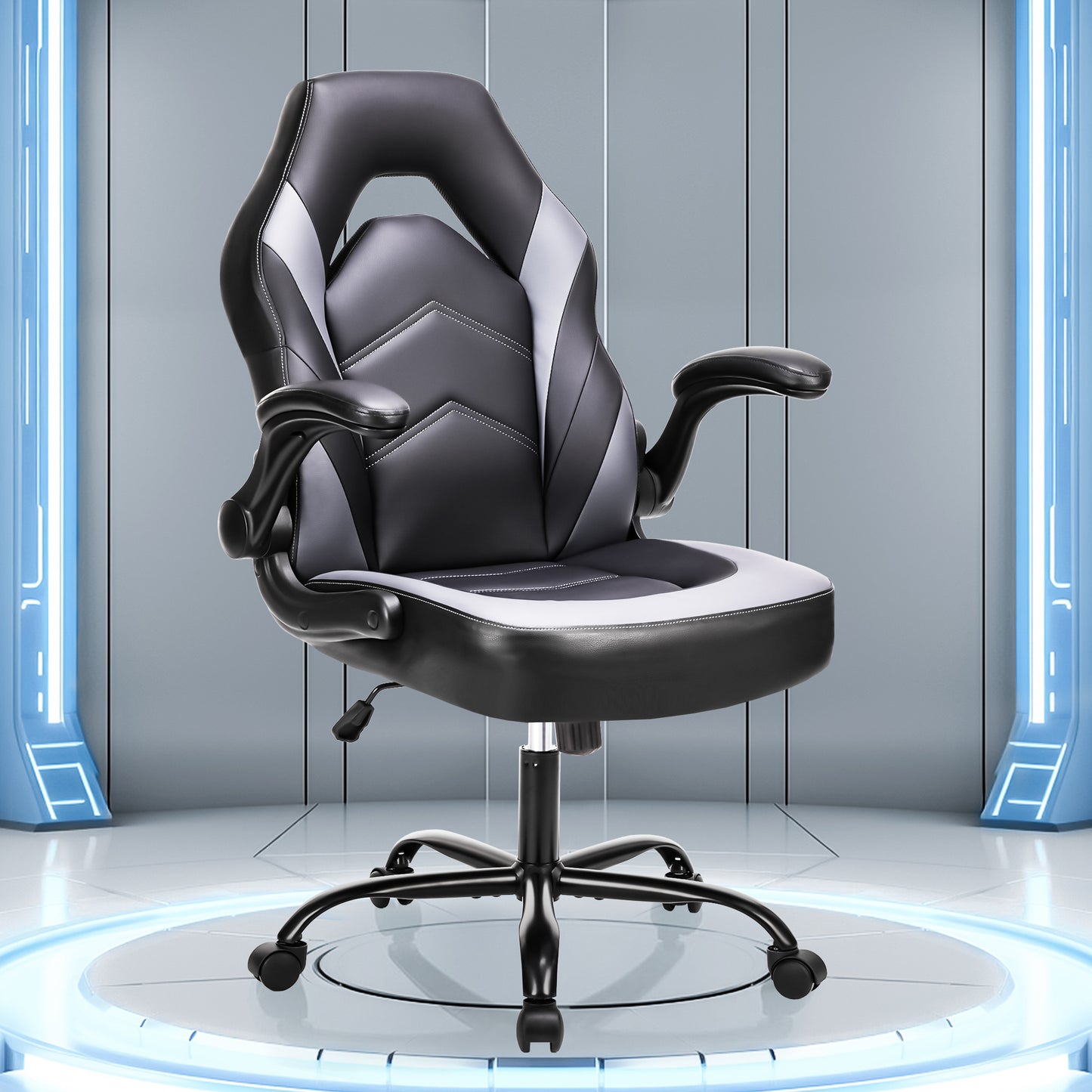 Ergonomic High-Back Computer Gaming Chair for Adults with Flip-Up Armrests and Wheeled Video Gamchair Office Seat