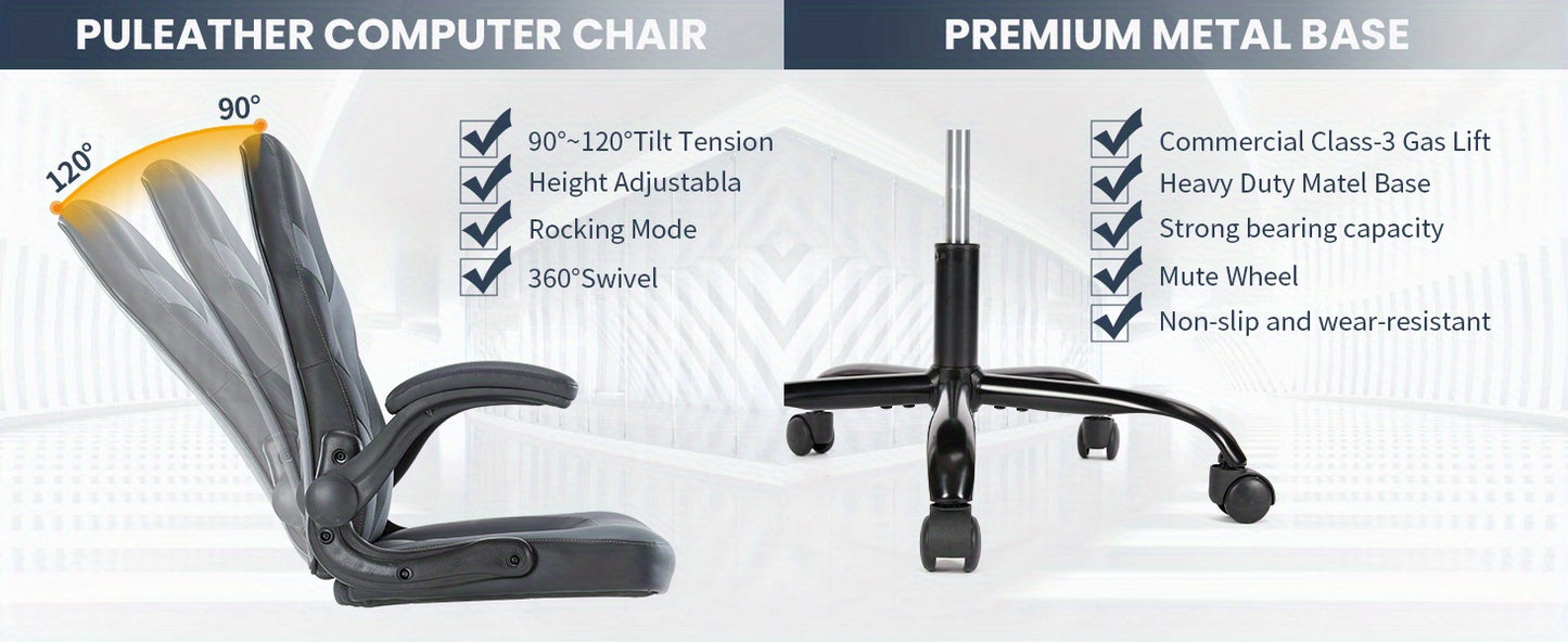 Ergonomic High-Back Computer Gaming Chair for Adults with Flip-Up Armrests and Wheeled Video Gamchair Office Seat